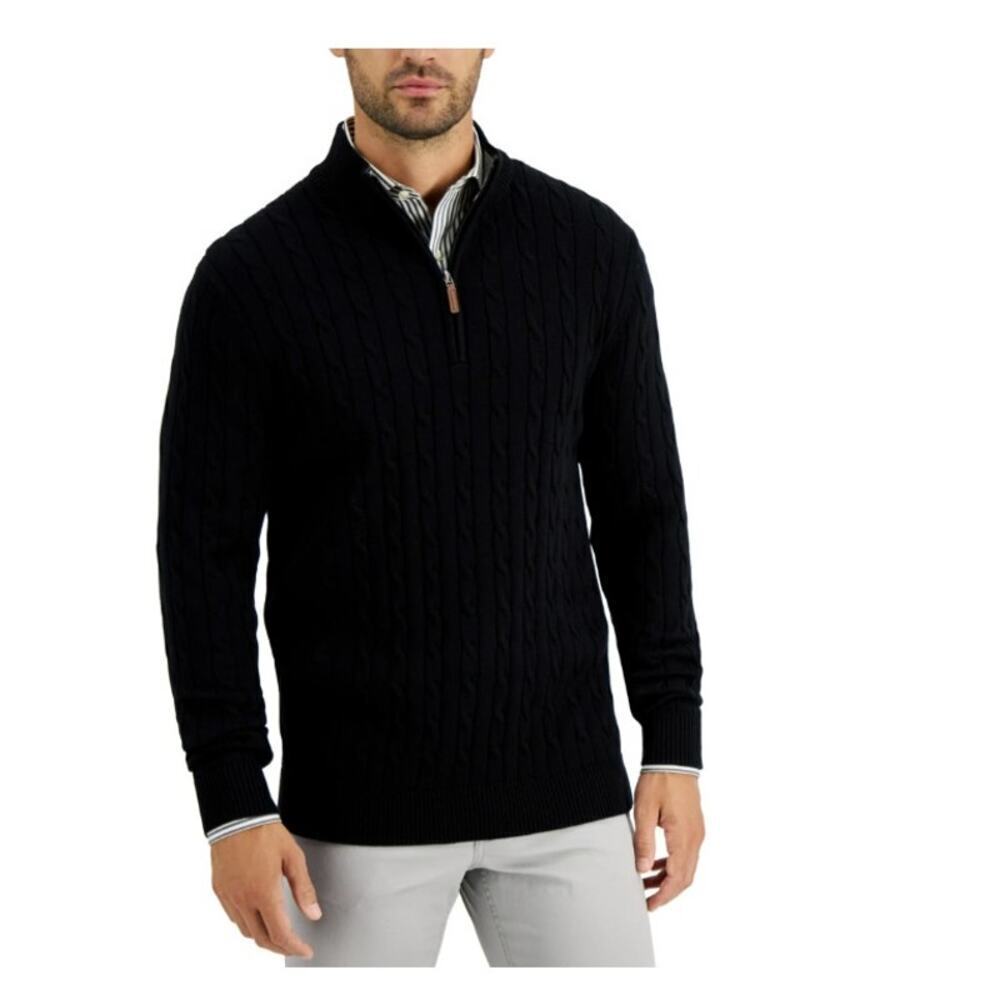 Club Room Black Quarter Zip Cotton Blend Cable Knit Sweater Men’s SM NWT